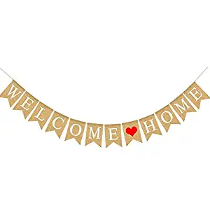Welcome Home Banner,Burlap Welcome Home with Heart Banner for Home Mantle Fireplace Decoration Family Party Supplies(2.8M/9.1Feet)