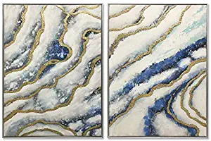 3Hdeko - Blue Gold Canvas Wall Art Modern Abstract Agate Geode Picture for Living Room Bedroom Home Decoration, Large 2 Pieces Hand Painted Oil Painting with Silver Frame (24x32inchx2pcs)