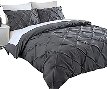 Ucharge Unique Pinch Pleat Pintuck Duvet Cover Set,3 Pieces Decorative Stylish Brushed Microfiber Bedding Set With Zipper and Corner Ties (Queen Dark Grey)