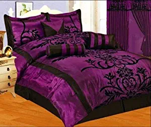 Grand Linen 7 PC Modern Black Purple Flock Satin Comforter Set/Bed in A Bag - Queen Size Bedding