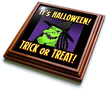 3dRose trv_54677_1 Witch Its Halloween Trick or Treat 1 on Black with Gradient Trivet with Ceramic Tile, 8 by 8", Brown