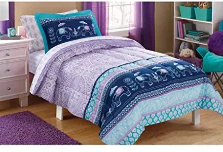 Sophisticated, Soft and Cute Mainstays Kids Elle Boho Damask, Elephants and Flowers Girls Bed in a Bag Complete Bedding Set, Purple/Blue, Twin