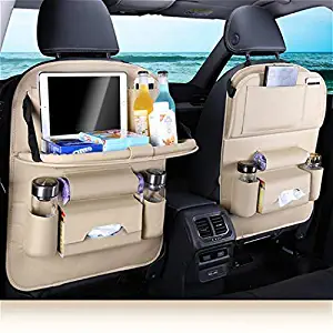 Car Backseat Organizer with Foldable Dining Table Holder Pocket Storage Kick Mats, Durable Quality Seat Covers,Luxury PU Leather Car Seat Back Organizer,Travel Accessories Organizer（Beige 2-pack）