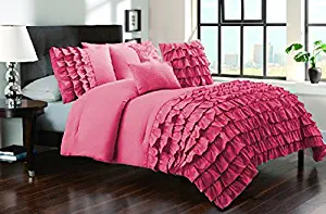 Bedding Empire Luxurious 5 Piece Half Ruffle Duvet Cover with Extra Pillow Shams 100% Egyptian Cotton 500 Thread Count Queen Size, Hot pink Color By