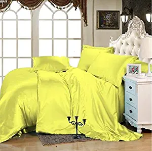 4PCs Satin Sheet Set Hight Thread Count 100% Satin Sheet Set Yellow Solid Cal King Sheets Fits Mattress 21" Deep Pocket Soft & Silky Satin Bedsheet and Pillowcase, Luxury Bedding