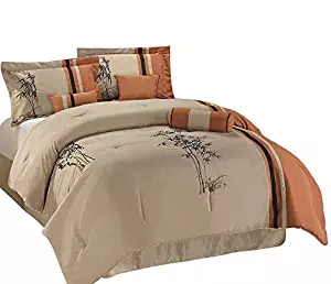 Chezmoi Collection Kariya 7-Piece Embroidery Bamboo Comforter Set, Queen, Rust/Light Taupe