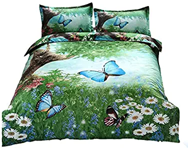 Suncloris,3d Butterfly in Spring,4pc Bedding Sheet Sets,1Duvet Cover,1Flat Sheet,2 Pillowcase(no Comforter inside)