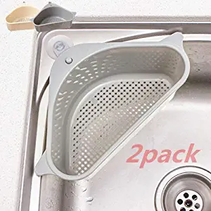 Multipurpose Use Sponge Holder, Triangle Sink Caddy Drain Shelf Storage Rack Sink Organizer for Kitchen Bathroom Support Corner Hanging Shelf Soap Box(Beige + Grey)