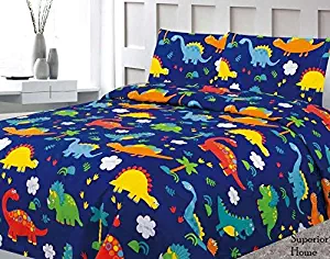 3 Piece Twin Size Dinosaurs Theme Print Sheet Set with Fitted, Flat and 1 Pillow Case, Blue Green Boys Kids Bedding Sheet Set, Twin Sheet Dinosaur