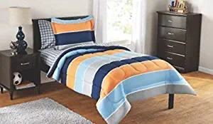 5 Piece Twin Size Kids Boys Girls Teens Comforter Set Bed in Bag with Shams, Sheet Set Plaid Design, Blue Orange Gray Stripes Print Multicolor Boys Kids Comforter Bedding w/Sheets, MS Stripes