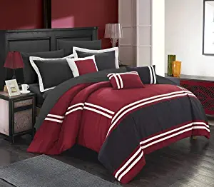 Chic Home Zarah 10 Piece Comforter Set Complete Bed in a Bag Pieced Color Block Banding Bedding with Sheet Set and Decorative Pillows Shams Included, King Red