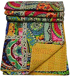 Yuvancrafts Indian Traditional Patchwork Cotton Kantha Quilt Multi Color Twin Quilt Blanket Bedspreads Throw