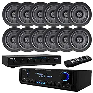 Pyle 6 Pair High Power Stereo Speaker Selector 300 Watt Digital Home Theater Stereo Receiver, Aux (3.5mm) Input, MP3/USB/AM/FM Radio, (2) Mic Inputs 5.25" in-Wall/in-Ceiling Dual Stereo Speakers,