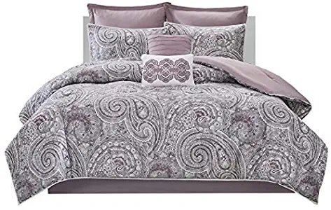 Comfort Spaces Kashmir 8 Piece Comforter Set Hypoallergenic Microfiber Lightweight All Season Paisley Print Bedding, Full/Queen, Soft Plum