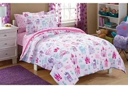 MS Girls Twin 5 Piece Princess Castle Pony Flower Comforter Sheet Set