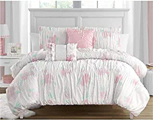 Madison Parker Tabitha 5-Piece Comforter Set Smocking and Ruffled Texture, Floral, Girls Bedding, White/Pink, Twin,