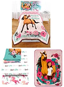 DreamWorks Spirit Riding Free Giddy up 5 pc Twin Bedding Bundled Set-Includes Super Soft Reversible Comforter, Sheets and Plush Throw