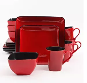 Better Homes and Gardens Rave 16-Piece Square Dinnerware Set with Dinner Plates, Dessert Plates, Bowls and Mugs, Red