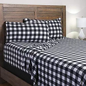 MNSTY Rustic Plaid Buffalo Check Flannel Bed Sheet Set in Black and White (Queen)