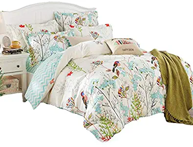 Papa&Mima Floral Pastoral Birds Duvet Cover Set Flat Sheet Pillow Cases 500TC Soft Cotton Fabric 4Pcs US Twin Size 173x218cm Bedding Sets