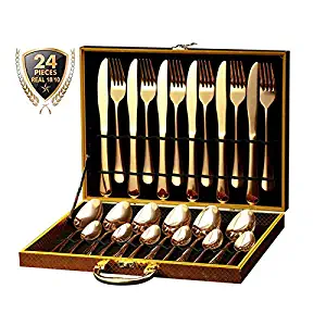 Tsinguang Silverware Flatware Cutlery Set,18/0 Stainless Steel Utensils 24-Piece,Include Knife/Fork/Spoon,Matte Polished,Dishwasher Safe,Serive for 6 (Gold)