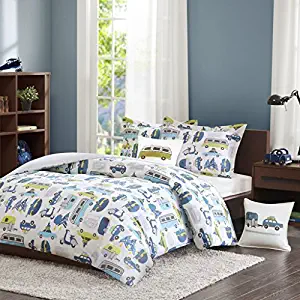 INK+IVY Kids Road Trip Twin Kids Bedding Sets for Boys - White Blue, Car – 3 Pieces Boy Comforter Set – 100% Cotton Kid Childrens Bedroom Comforters