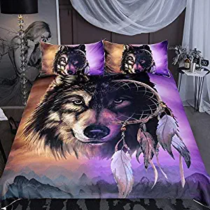 Sleepwish Wolf Dream Catcher Bedding, Tribal Wolf Midnight Mountains Print, Inspired Gold and Purple Duvet Cover, 3 Piece (Full)