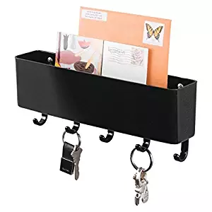 mDesign Wall Mount Plastic Mail Organizer Storage Basket - 5 Hooks - for Entryway, Mudroom, Hallway, Kitchen, Office - Holds Letters, Magazines, Coats, Keys - Black