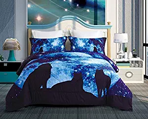 Imiee Wolf and Blue Galaxy Print Comforter Sets 3 Pieces, Twin/Full/Queen Quilted Bedspread/Quilt Comforter/Quilt Bedding Sets