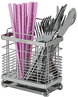304 Stainless Steel Hanging 2 Compartments Mesh Utensil Drying Rack/ Chopsticks/Spoon/Fork/Knife Drainer Basket Flatware Storage Drainer (Square)