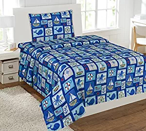 WPM Sailor Blue Bedding Set Whale Shark sea Creatures Boat Print Choose from Full/Twin Comforter or Bed Sheets or Window Curtains Panels for Kids/Girls/Boys Room (Twin Sheets)