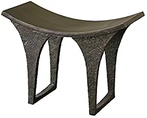 Global Views Rustic Bronze Cast Iron Curved Asian Stool | Bench Metal Classic Oriental Seat