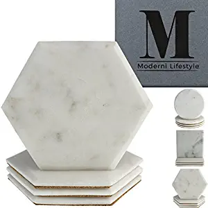 Premium Marble Coasters - World Class Quality Makrana Marble by Moderni Lifestyle - Round, Square & Hexagonal Designs - Protective Cork Backing - Luxury Gift Box Set Of 4-4 inch 10cm diameter