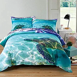 Turtle Duvet Cover Twin Kids Sea Turtle Bedding 3D Ocean World Quilt Comforter Cover Nature Modern Ocean Bedding with Tortoise Pillowcases Blue Nautical Beach Animal Bed Gift for Children Teens