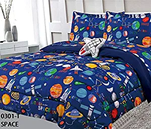 8 Piece Full Size Kids Boys Comforter Set Bed in Bag with Shams, Sheet Set, Decorative Toy Pillow, Space Planets Print Blue Multicolor Kids Bed Cover with Sheets, Full 8pc Space Theme