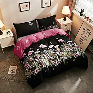 LAMEJOR Duvet Cover Set Twin Size Flamingo Pattern Tropical Plants Reversible Luxury Soft Bedding Set Comforter Cover (1 Duvet Cover+2 Pillowcases) Black/Pink