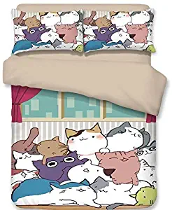 Decor Duvet Cover Set, Cute Cat Cartoon Art Theme Prints Kids Duvet Cover, Soft Microfiber Comforter Cover with 2 Pillow Shams, Queen Size Bedding Set for Boys Girls