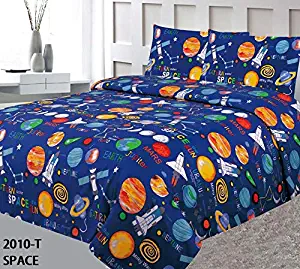 Elegant Home Space Ships & Rockets Universe Galaxy Stars Solar System Fun 3 Piece Printed Twin Size Sheet Set with Pillowcases Flat Fitted Sheet for Boys/Kids # Space 3 (Twin)