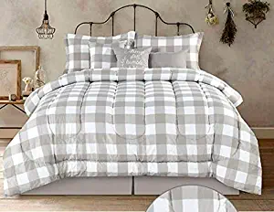 Country Farmhouse: Rustic Plaid & Buffalo Check Tan & White King Comforter Set (7 Piece Set) + Homemade Wax Melts