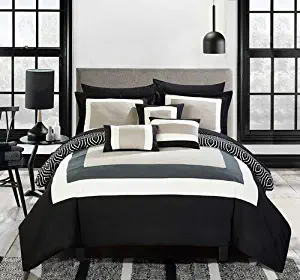 Chic Home Jake 10 Piece Comforter Set Reversible Hotel Collection Color Block Geometric Pattern Print Design Bed in a Bag Bedding – Sheets Decorative Pillows Shams Included King Black