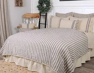 Piper Classics Market Place Blue Ticking Stripe Quilt, Luxury King, 105" x 120", Blue & Natural Cream Quilted Country Farmhouse Bedding