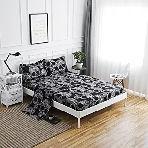 SDIII 4PC Black and Cream Skull Bed Sheets Microfiber Queen Skeleton Bedding Sheet Sets with Flat Sheet, Fitted Sheet and Pillowcase