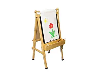Fundamentals Kids Art Easel 3 in 1 Multipurpose Wooden Art Easel, Chalk Board & Dry Erase White Board & Paper Roll with Paper Clamp Adjustable Height 36.5"- 51" - Natural Finish