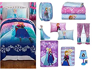 Disney's Frozen Nordic Frost 13 PC Kids Bedding Ensemble: Includes twin/full comforter, 3 pc twin sheet set, blanket, lamp, giant wall decal, throw, hamper & 2 curtain panels with 2 tie backs