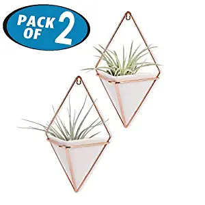 Originalidad Hanging Planter & Geometric Wall Planter Container for Succulent Plants, Air Plant, Mini Cactus, Faux Plants and More Home Décor, White and Rose Gold (Set of 2)