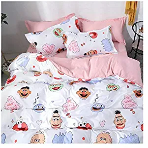 KFZ Bed Set (Twin Full Queen King Size) [4 Piece: Duvet Cover, Flat Sheet, 2 Pillow Cases] No Comforter KY1904 Rabbit Cat Cow Design for Kids Sheets Set (Sesame Friend, Pink, Full 70"x86")