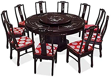 ChinaFurnitureOnline 66in Rosewood Pearl Inlay Design Round Dining Table with 10 Chairs, Dark Cherry