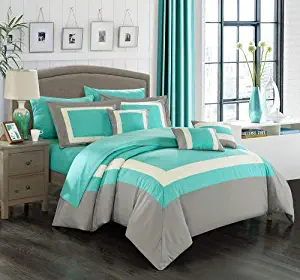 Chic Home Duke 10 Piece Comforter Set Complete Bed in a Bag Pieced Color Block Patterned Bedding with Sheet Set and Decorative Pillows Shams Included, King Turquoise