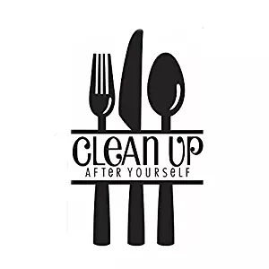 Boodecal "Clean Up After Yourself Wall Quote Kitchen Tableware Wall Stickers Fork Knife Spoon Art Mural Poster Decal Sticker Dinner Room Decoration 28"(w) x 10"(h)