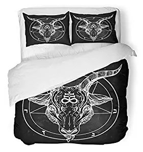 Emvency 3 Piece Duvet Cover Set Breathable Brushed Microfiber Fabric Pentagram with Demon Baphomet Satanic Goat Head Binary Symbol Tattoo Retro Music Bedding with 2 Pillow Covers Full/Queen Size